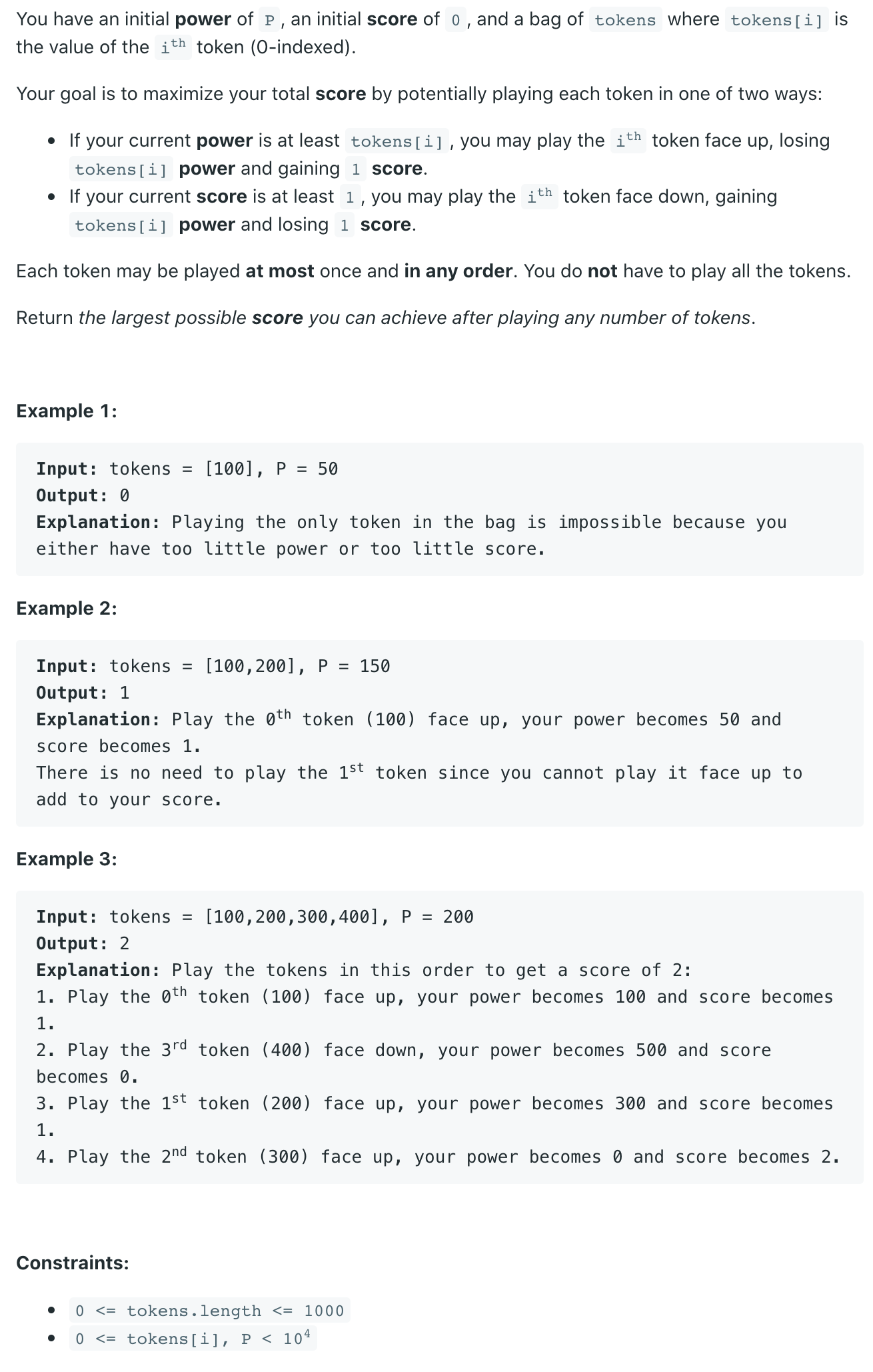 948 bag of tokens leetcode solution