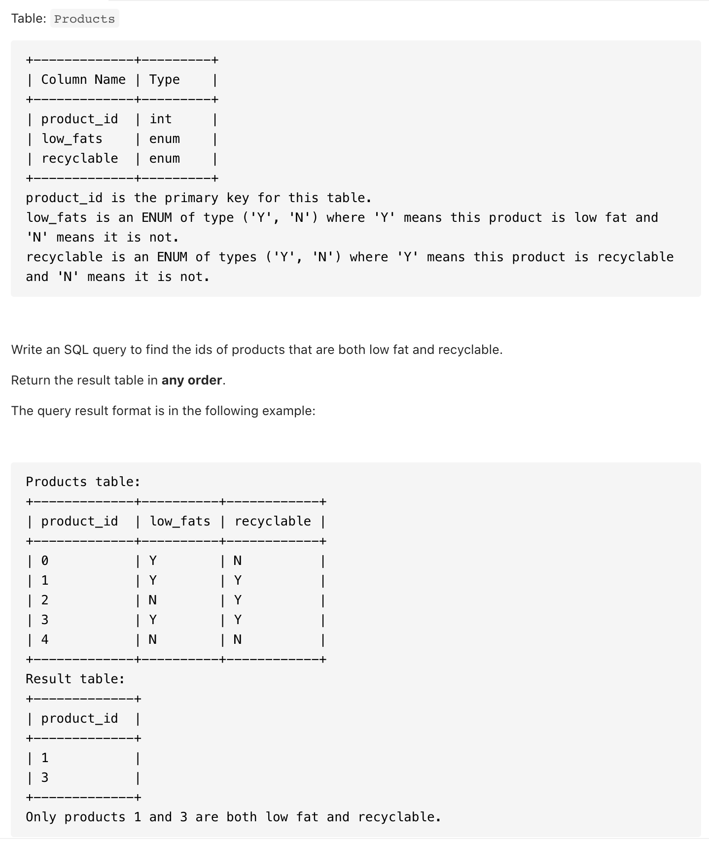 1757. Recyclable and Low Fat Products – Kickstart Coding
