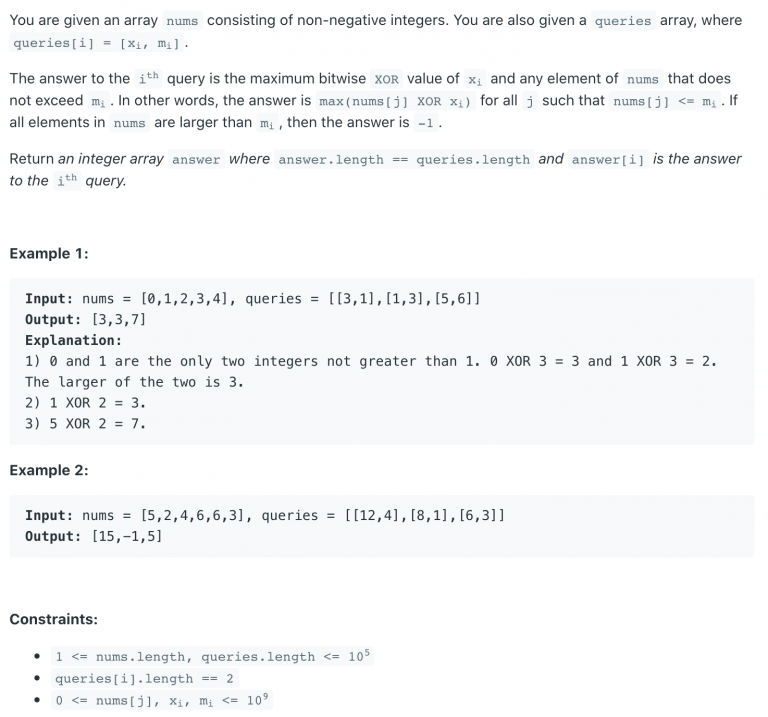 1707. Maximum XOR With an Element From Array – Kickstart Coding