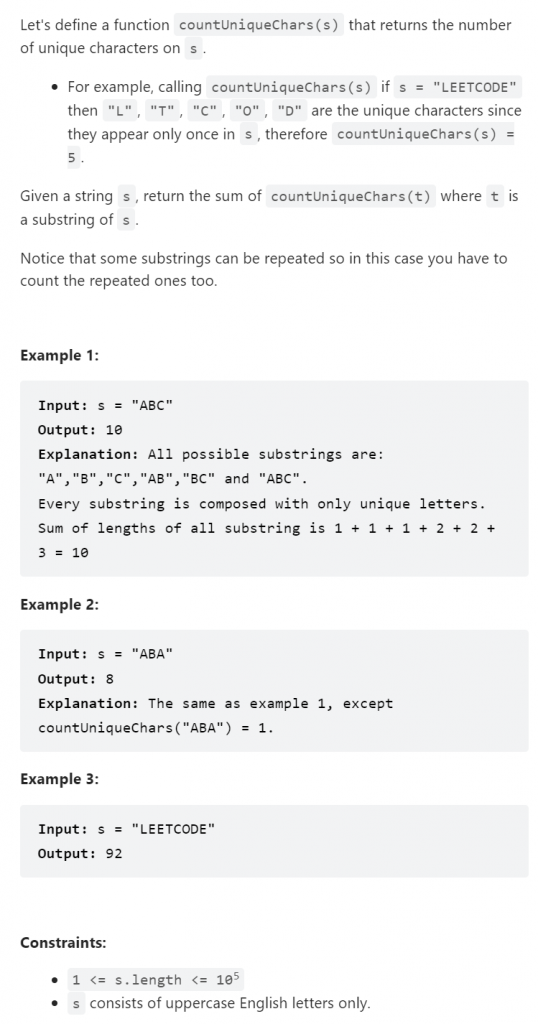 828-count-unique-characters-of-all-substrings-of-a-given-string-kickstart-coding